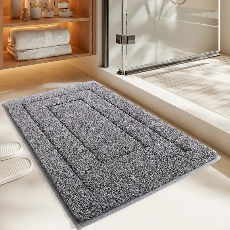 Gray geometric flocked plush bath mat with textured looped pile and rectangular inset design for bathroom decorbites bath mat