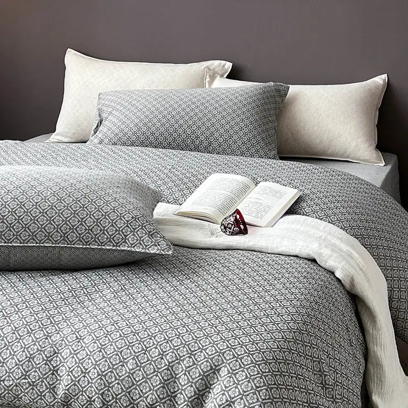 Gray geometric linen cotton jacquard bedding set with soft cotton fabric and matching pillowcases for bedroom decorbites decor