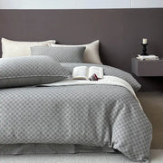 Gray geometric linen cotton jacquard bedding set with matching pillows and white blanket for bedroom decorbites linen cotton decor