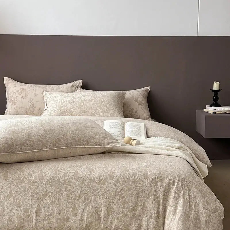 Beige floral-patterned bedding set with soft textured fabric finish in decorbites linen cotton jacquard for bedroom decor