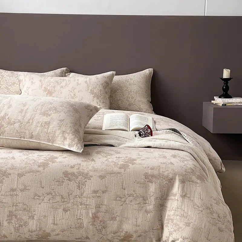 Beige and taupe patterned linen cotton jacquard bedding set with subtle floral design for decorbites bedroom decor