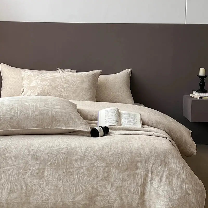 Beige linen cotton jacquard duvet set with subtle leaf embroidery for bedroom decorbites linen cotton bedding set