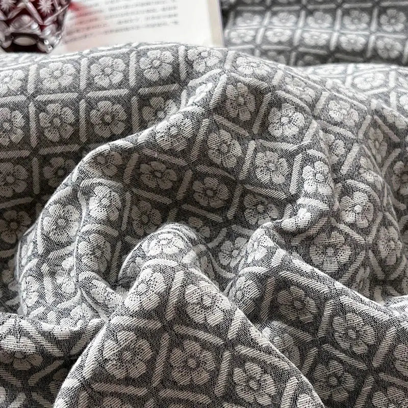 Gray geometric linen cotton jacquard bedding set with white floral pattern for decorbites linen cotton bedroom decor