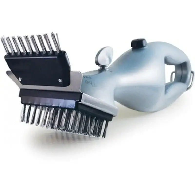 Gray handheld electric grill steam cleaner brush with silver and black dual-bristle heads for bbq grill cleaning