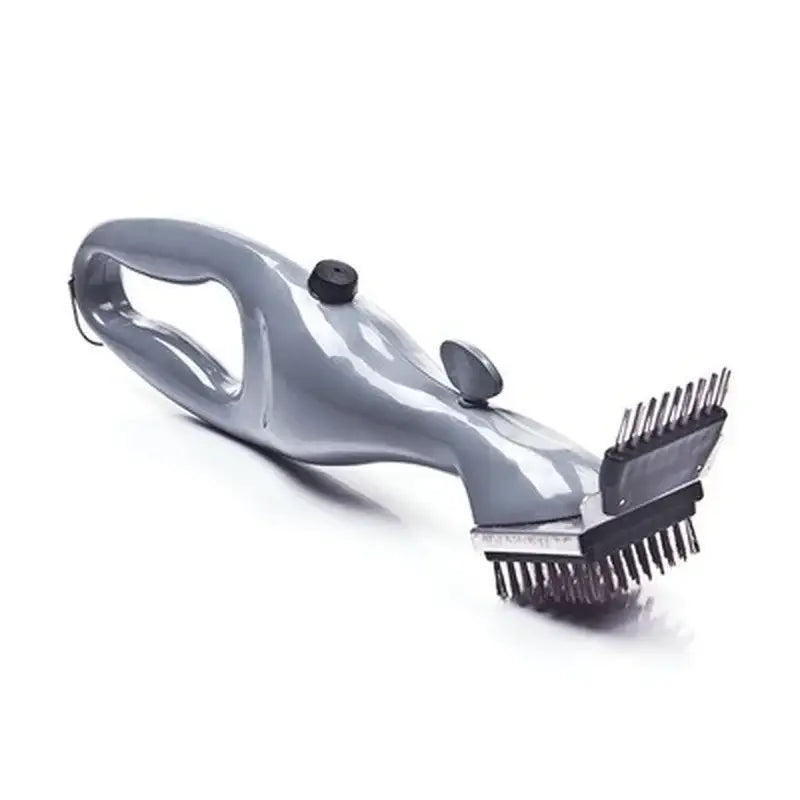 Gray handheld electric grill steam cleaner brush with dual-sided bristles and black rubberized grip for bbq grill steam cleaning