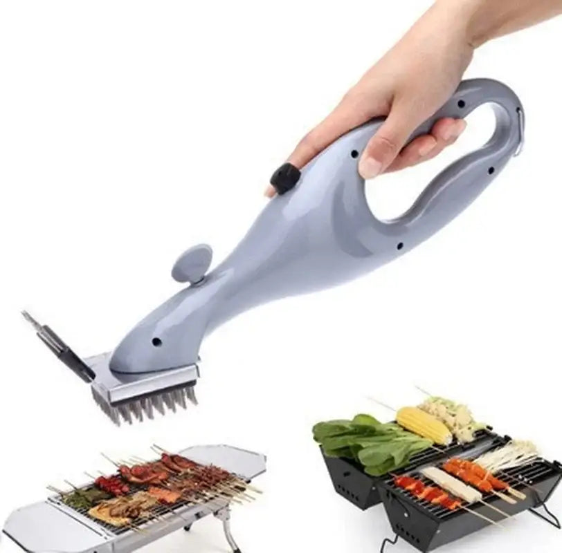 Gray handheld electric grill steam cleaner brush with ergonomic handle and metal bristles for bbq grill steam cleaning