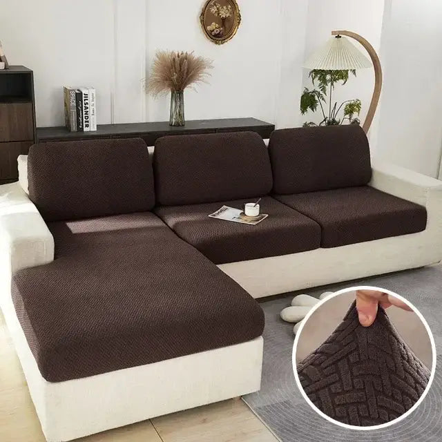Brown textured fabric sofa cover suitable as a living room furniture protector with a stretch fit design