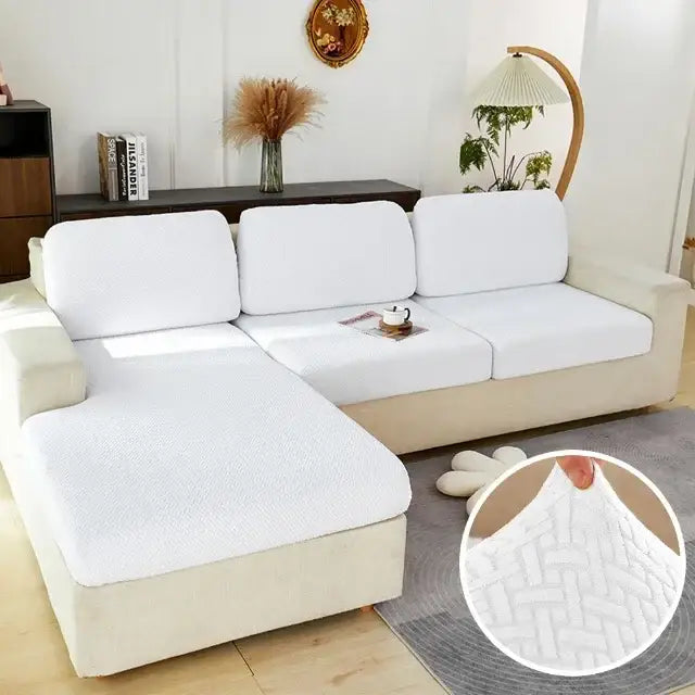 White textured fabric sofa cover with woven pattern for living room furniture protection and gray herringbone stretch seat cover