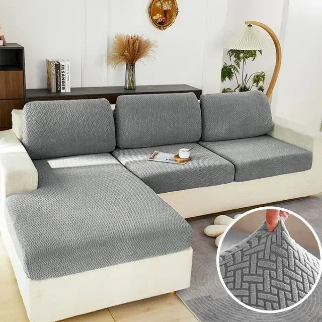 Gray herringbone stretch fabric sofa seat cover with a textured pattern for living room furniture protection