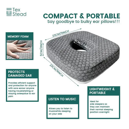 Gray hexagonal textured memory foam ear hole sleeper pillow with central cutout for side sleeping decorbites comfort