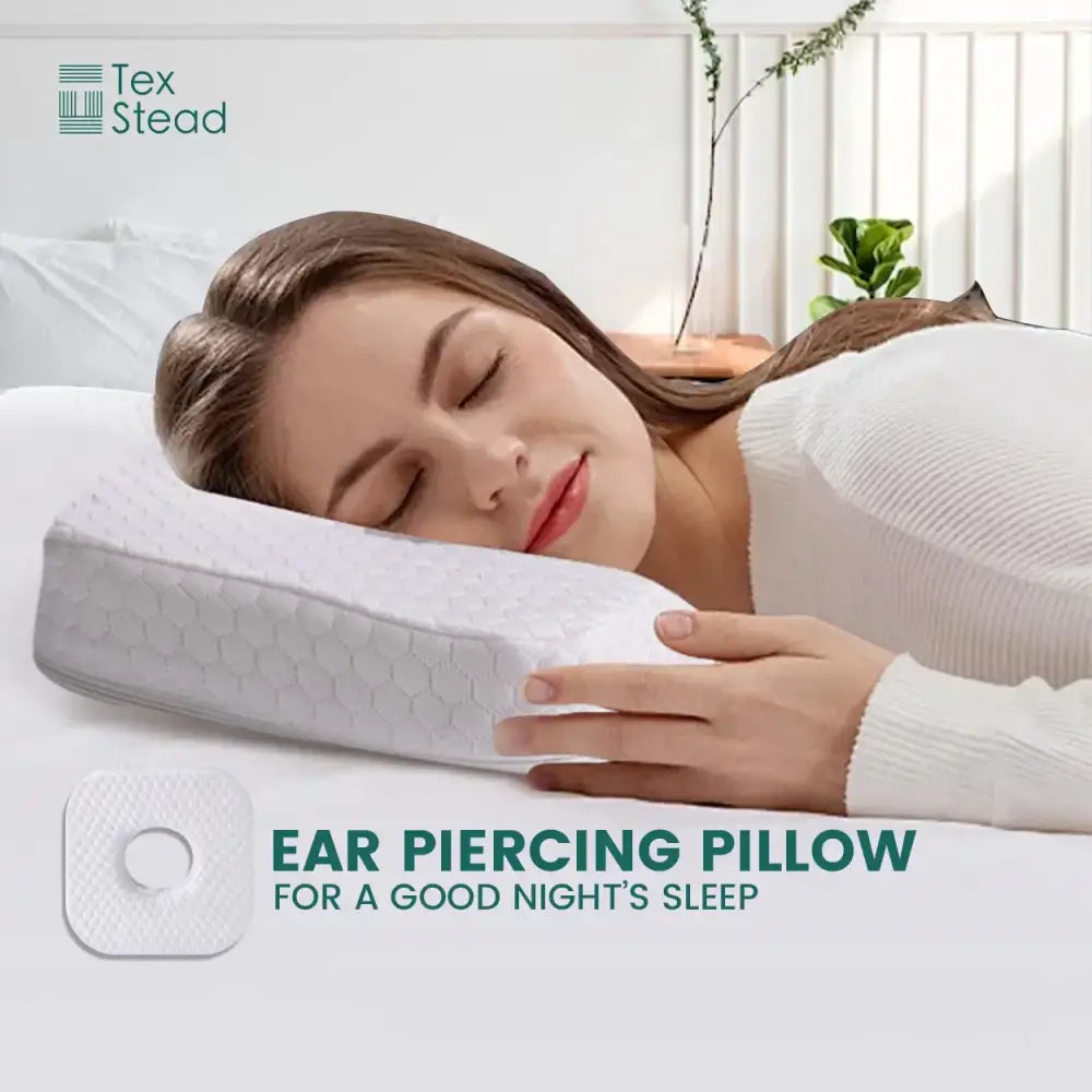 White textured ear hole sleeper pillow with gray hexagonal pattern and soft contours for decorbites comfort support