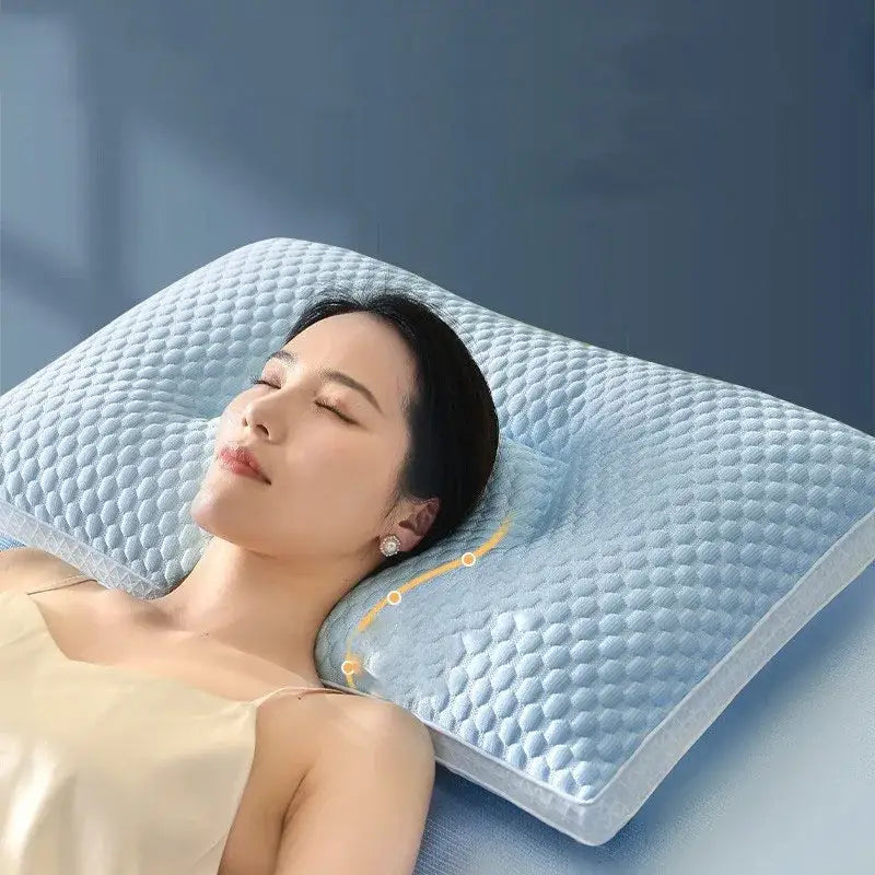 Light blue quilted memory foam gray ice rayon cooling pillow with contoured design for cervical neck support