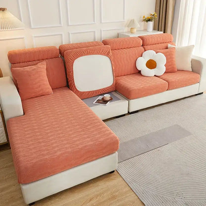 Coralb-colored textured fabric sofa cover with white cutout on backrest for decorbites jacquard sofa seat protector