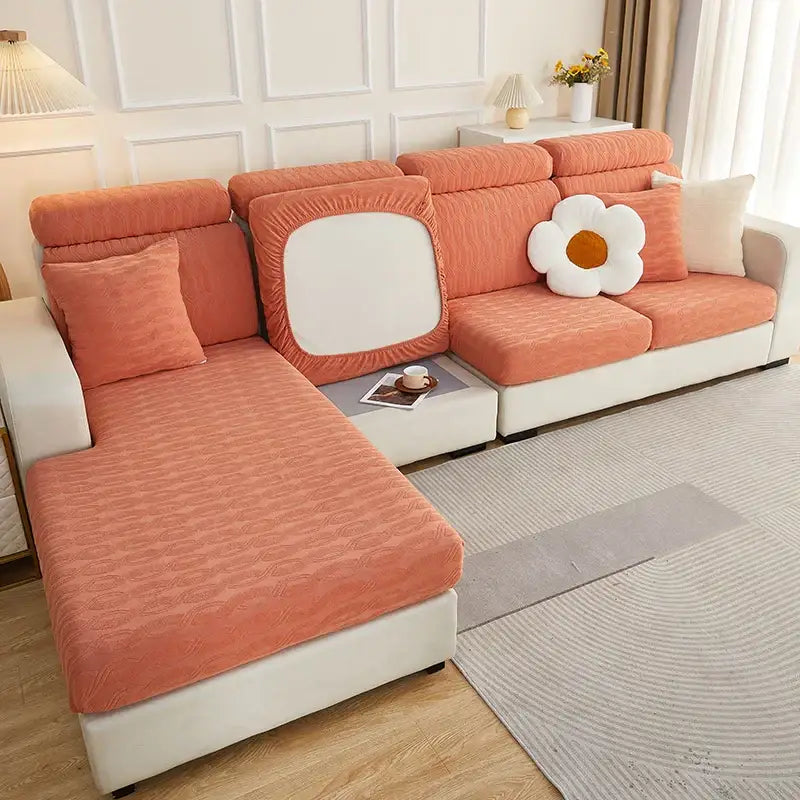 Coralb-colored textured fabric sofa cover with white cutout on backrest for decorbites jacquard sofa seat protector