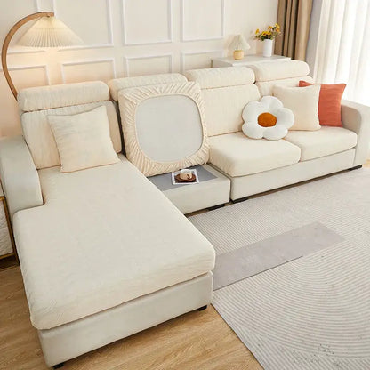 Cream-colored stretchy sofa cover with textured ribbed jacquard fabric and elasticized edges for decorbites jacquard sofa seat