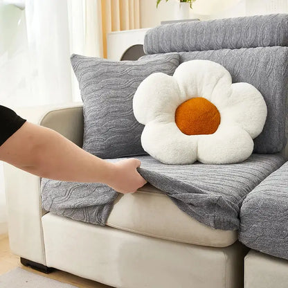 Fluffy white flower cushion with orange center on gray jacquard sofa seat cover decorbites sofa cover protects furniture