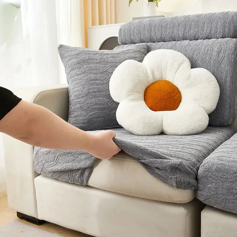 Fluffy white flower cushion with orange center on gray jacquard sofa seat cover decorbites sofa cover protects furniture