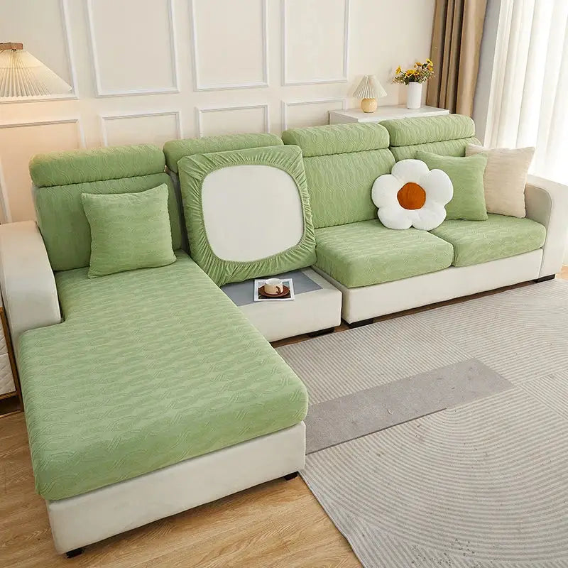 Light green decorbites jacquard sofa cover with white square cutout and matching pillow covers for living room furniture protection