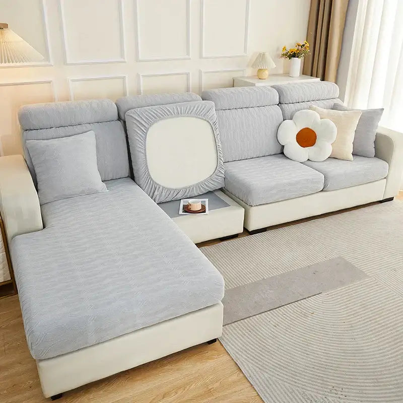 Light gray jacquard sofa cover with a square white center panel on the back cushion for decorbites jacquard sofa seat