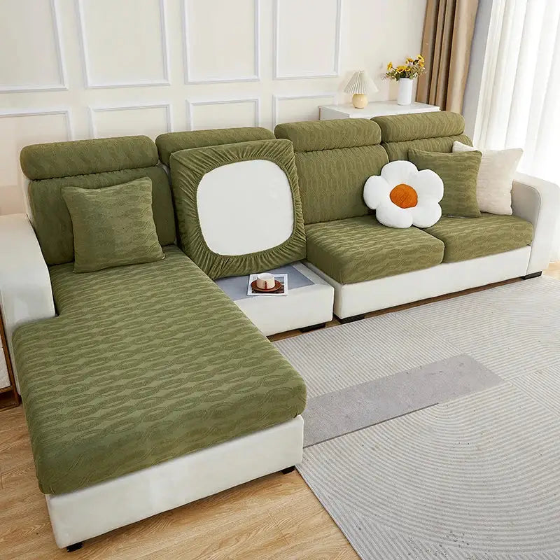Olive green corduroy sofa cover with white square cutout on back cushion for decorbites jacquard sofa seat protector