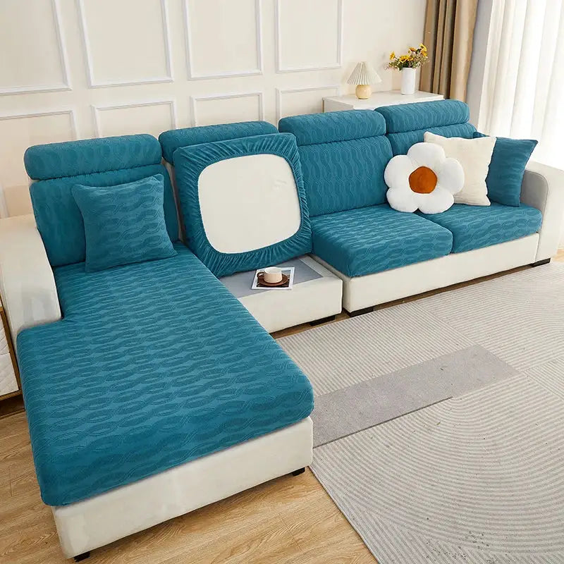 Teal jacquard sofa cover with textured wavy pattern and elasticized edges for decorbites jacquard sofa seat protection