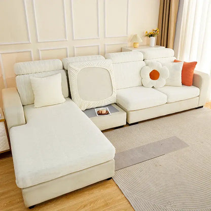 White stretchy sofa cover with elasticized edges and subtle texture for decorbites jacquard sofa seat protection