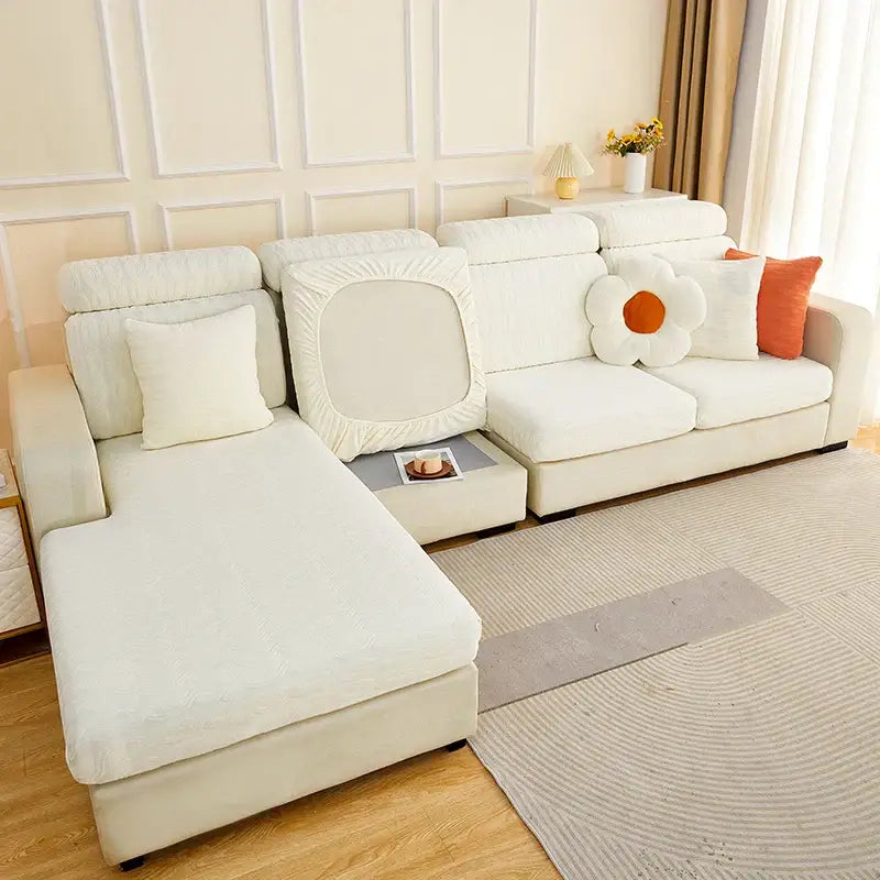 White stretchy sofa cover with elasticized edges and subtle texture for decorbites jacquard sofa seat protection