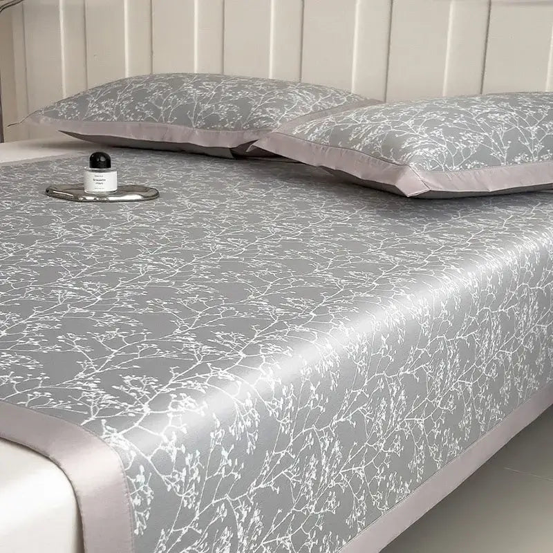 Gray and lavender branch pattern bed mat set with delicate white design and soft lavender trim for bedroom cooling mattress