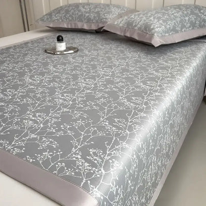 Gray and lavender branch pattern bed mat set with delicate white floral design soft sheen and cooling mattress use