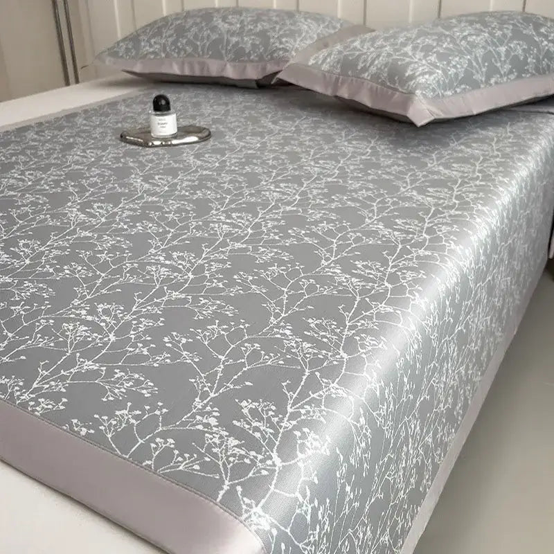 Gray and lavender branch pattern bed mat set with delicate white floral design soft sheen and cooling mattress use