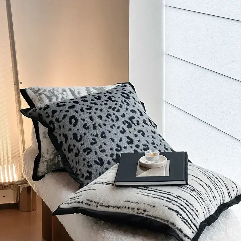 Black and gray leopard print throw pillow with plush textured fabric for decorbites leopard print luxury mink fur blanket bedroom decor