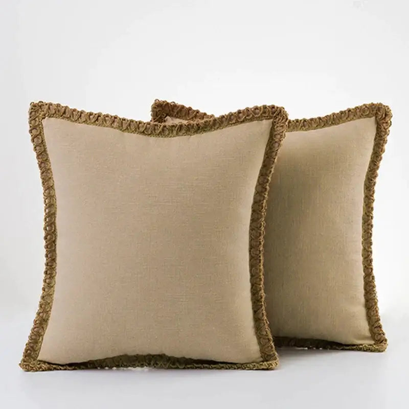 Beige linen square throw pillow covers with textured earth toned fringed edges for bedroom decor by decorbites linen square