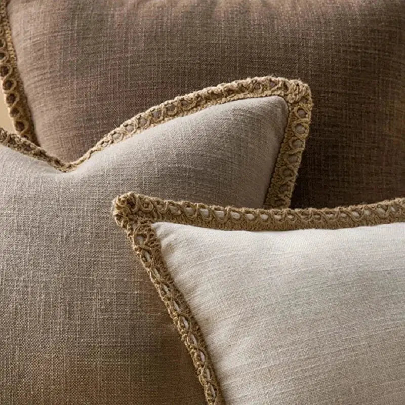 Beige linen square throw pillow covers with textured woven jute trim for decorbites linen square bedroom decor