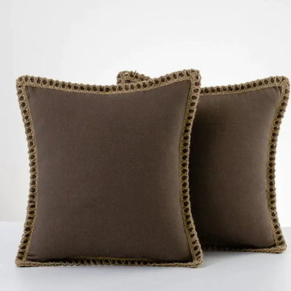 Brown linen square throw pillow covers with textured earth-toned crochet trim for decorbites linen square throw set