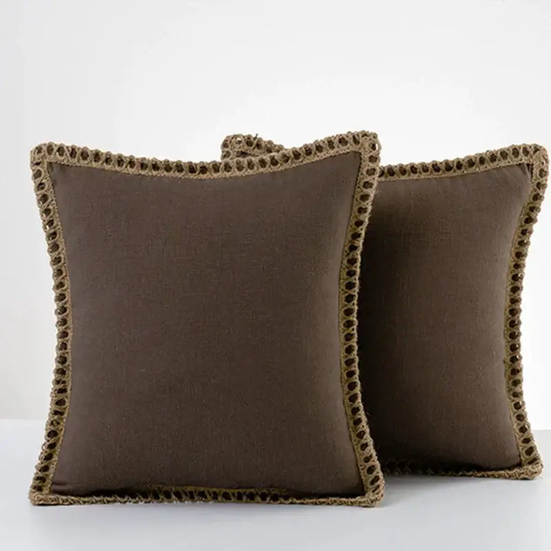 Brown linen square throw pillow covers with textured earth-toned crochet trim for decorbites linen square throw set