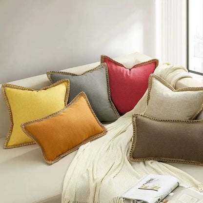 Set of colorful linen square throw pillow covers with textured gold braided trim for decorbites bedroom decor