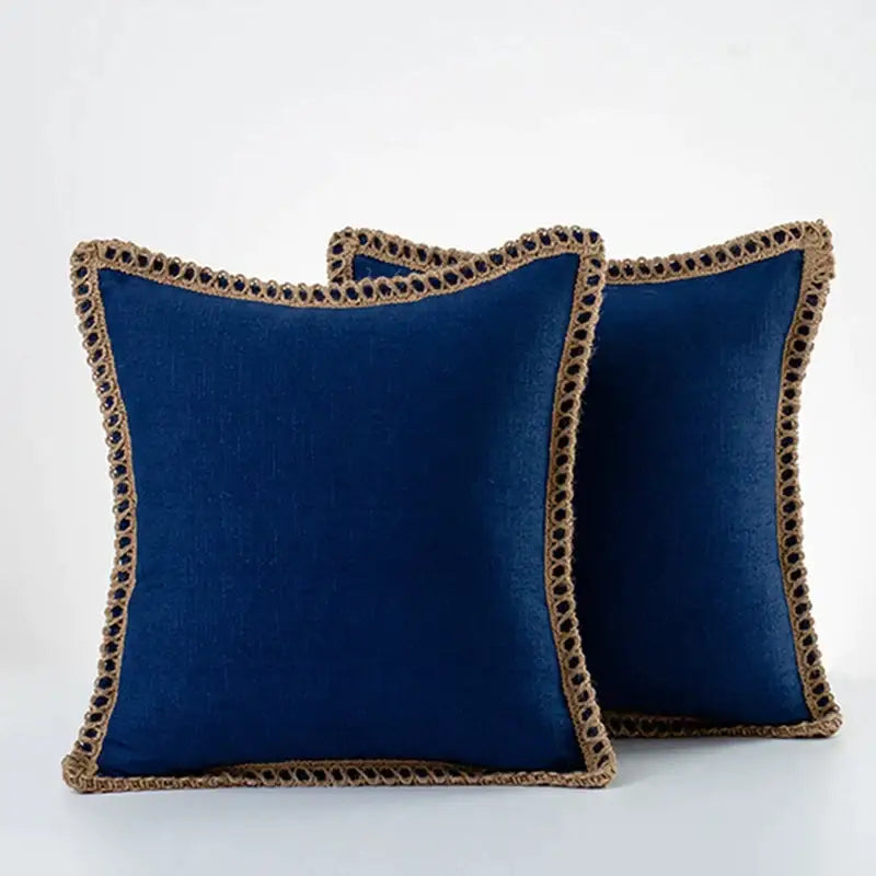 Deep blue linen square throw pillow covers with textured woven border and dark bead accents for decorbites linen square decorbites pillow covers