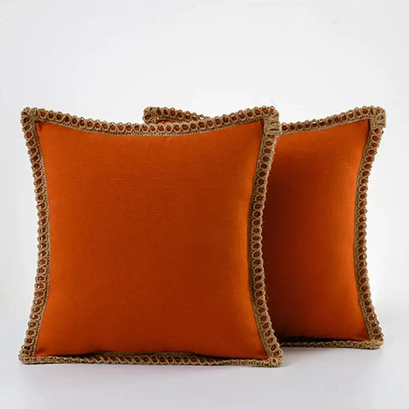 Orange square throw pillow covers with textured earth-toned braided trim for decorbites linen square throw bedroom decor