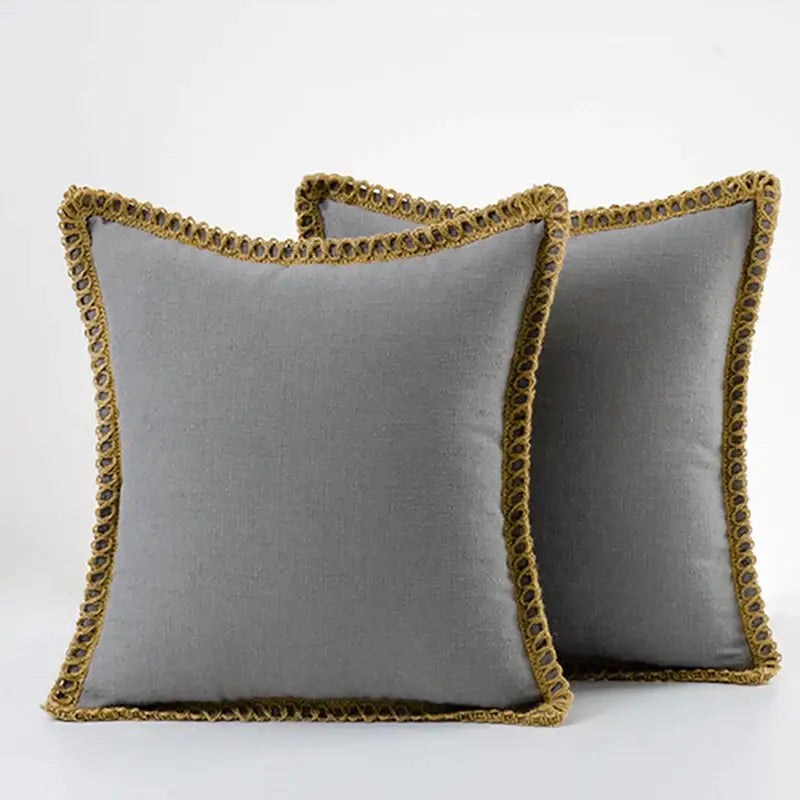 Gray linen square throw pillow covers set featuring gold-toned beaded trim for decorbites linen square throw decor