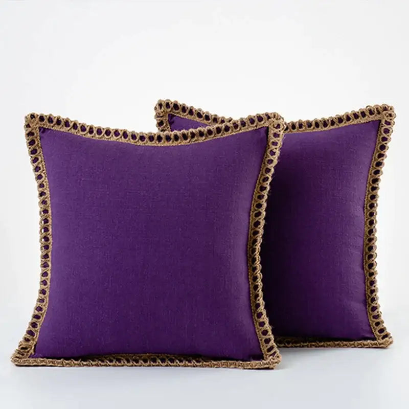 Purple linen square throw pillow covers with textured earthy brown crochet trim for decorbites linen square throw decor