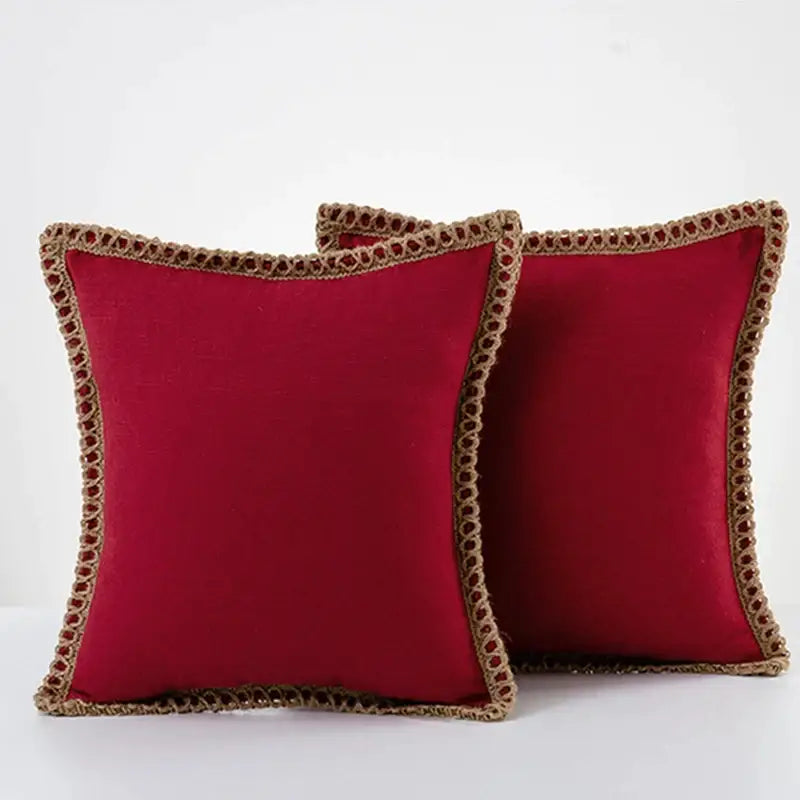 Red velvet square pillow covers with textured beige crochet border complement decorbites linen square throw decor