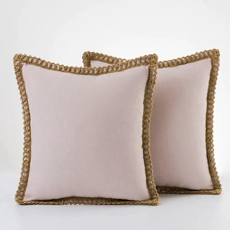 Soft blush pink linen square throw pillow cover with textured gold braided trim for decorbites bedroom decor