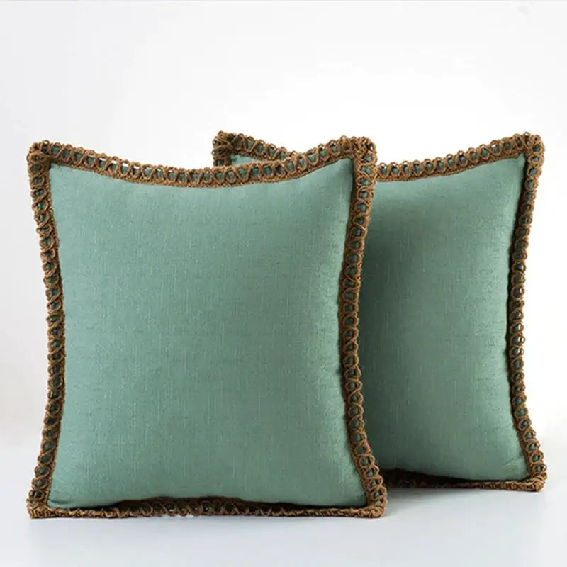 Teal linen square throw pillow covers with brown braided trim and decorative beading for decorbites linen square bedroom decor