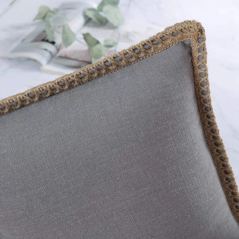 Gray linen square throw pillow cover with textured earth-toned crochet border for decorbites linen square pillow covers