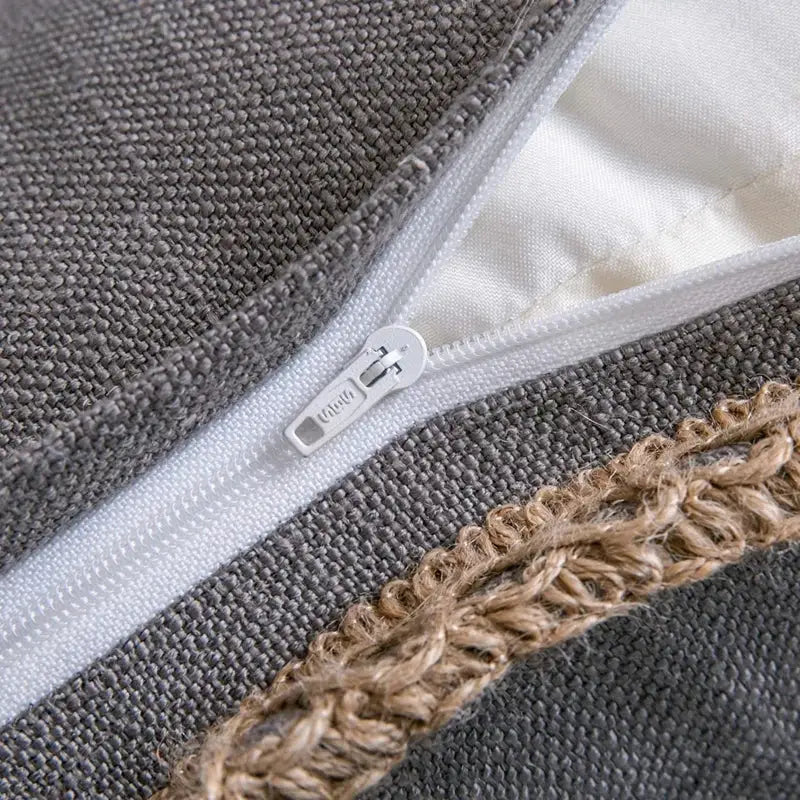 Gray linen square throw pillow cover with natural jute trim and white zipper for bedroom decorbites pillow covers decor