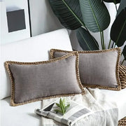 Two gray linen square throw pillow covers with woven natural fiber trim for bedroom decorbites linen square throw pillows