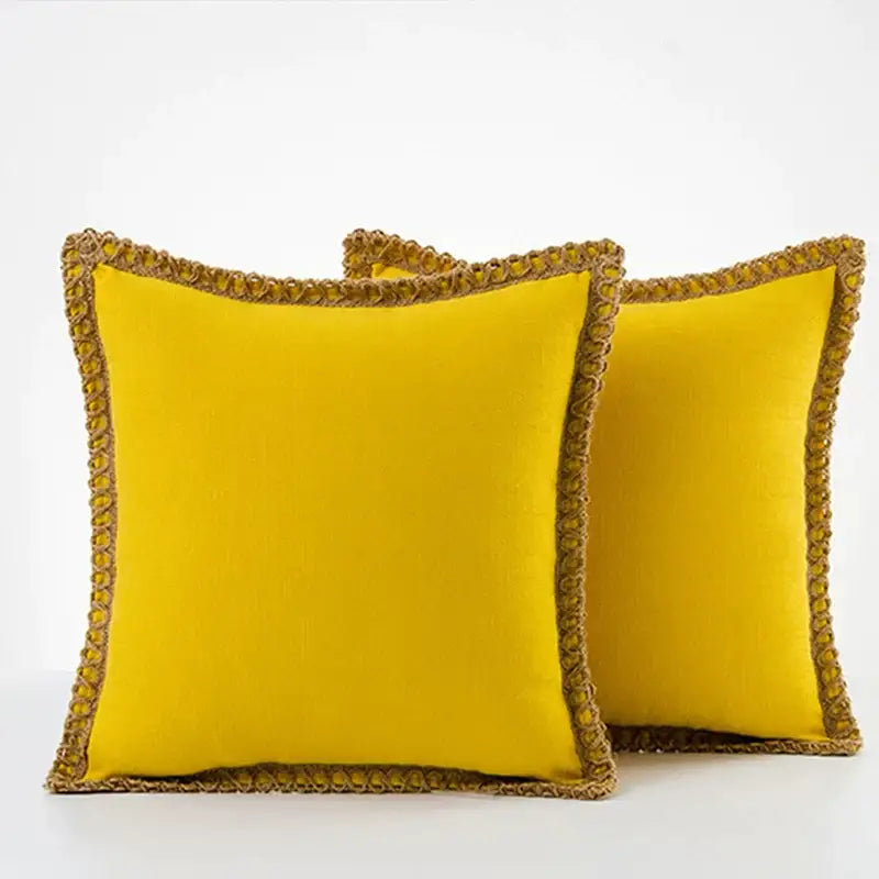 Vibrant yellow velvet throw pillow covers with textured gold braided trim complement decorbites linen square throw set