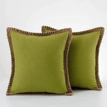 Vibrant olive green linen square throw pillow with textured earthy brown crochet trim for decorbites pillow covers