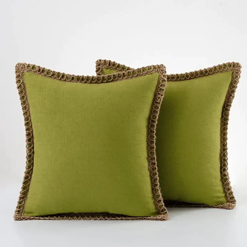 Vibrant olive green linen square throw pillow with textured earthy brown crochet trim for decorbites pillow covers