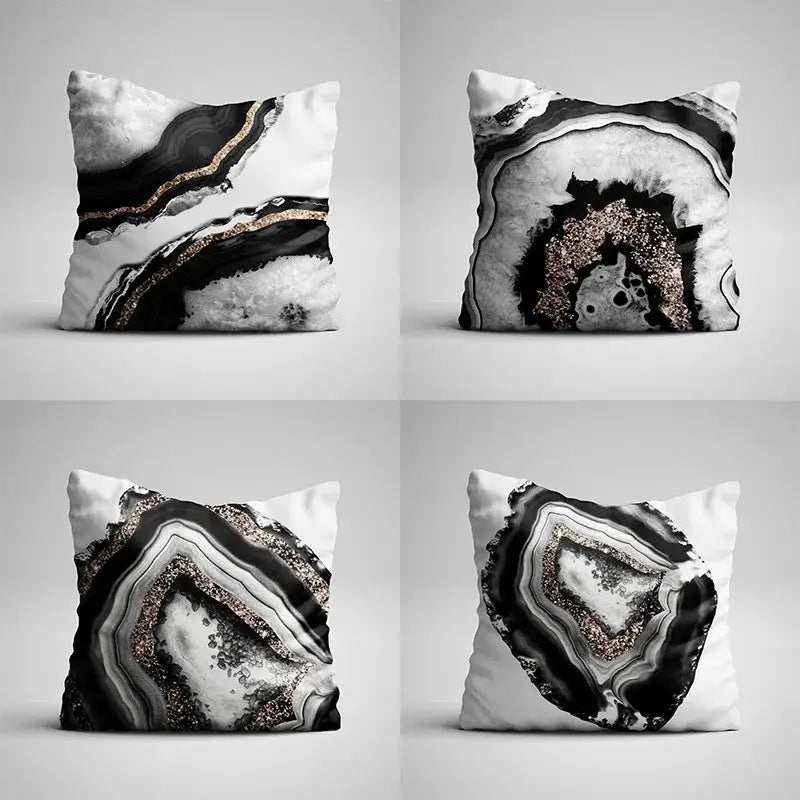 Four square throw pillow cases with gray marble and black agate glittery geode patterns for living room decor